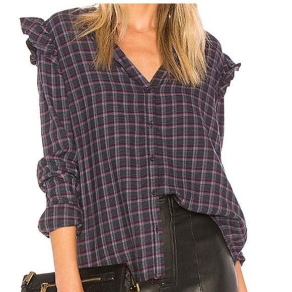 PAIGE Tops - Paige Ruffle Blue Purple Plaid Button Down Flannel Shirt XS